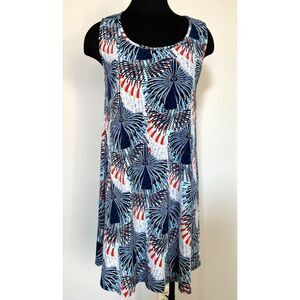 SJS A Line Dress Textured Abstract Star Burst Pattern Red White Blue July 4th LG